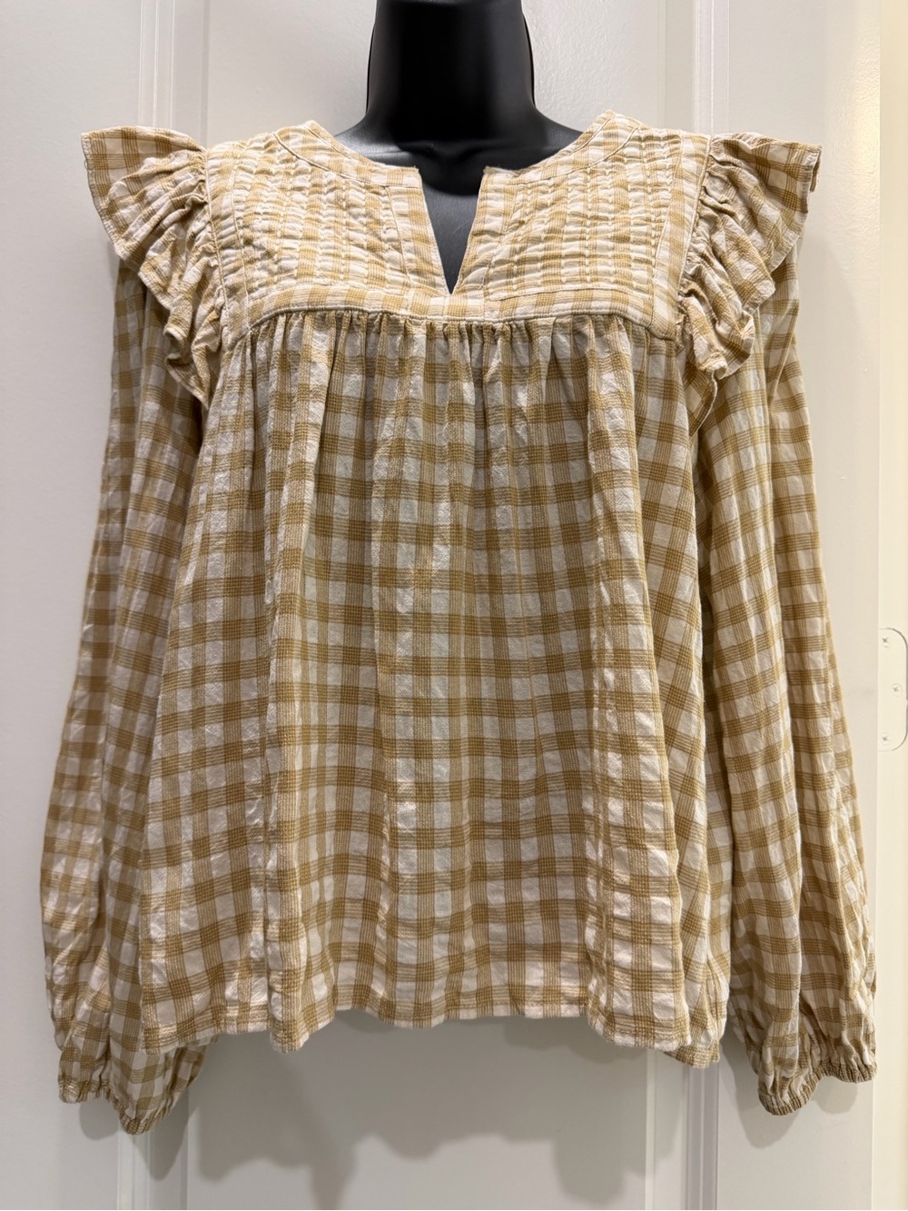 Grade & Gather Plaid Ruffle Pintuck Cotton Blouse Tan Cream M